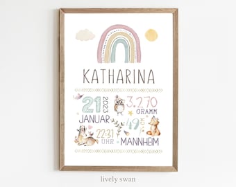 Personalized birth poster with birth details | Baby poster woodland animals deer | Birth announcement nursery | Gift for newborns
