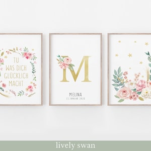 3er Set - Meilensteintafel 1. Geburtstag, Blumen, Geburtstagsposter,Kinderzimmer, personalisiert, Geschenk zum Geburtstag, Rosen, Mädchen