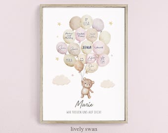 May include: A watercolor illustration of a teddy bear holding a bunch of balloons with names written on them. The balloons are in shades of pink, beige, and brown. The text at the bottom reads "Marie, Wir freuen uns auf dich!" which translates to "Marie, we are looking forward to you!"