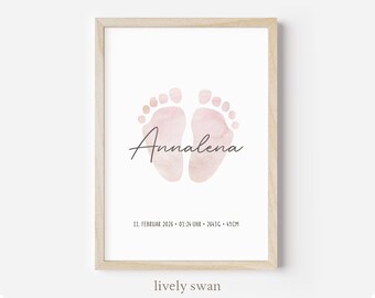 Baby shower gift | Personalized birth poster with birth details | Baby footprint watercolor | Poster with name | Birth announcement for nursery