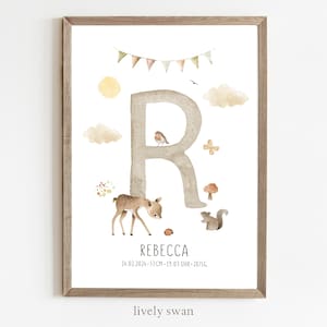Cartel de nacimiento, animales del bosque, carta natal, cartel de fechas de nacimiento, anuncio de nacimiento, regalo de nacimiento personalizado, anuncio de nacimiento animales del bosque