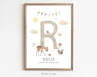 Poster di nascita, animali della foresta, tema natale, poster della data di nascita, annuncio di nascita, regalo di nascita personalizzato, annuncio di nascita animali della foresta