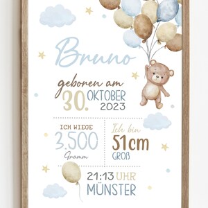 May include: A baby announcement poster with a watercolor illustration of a teddy bear holding balloons. The poster says "Bruno geboren am 30. Oktober 2023", "Ich wiege 3.500 Gramm", "Ich bin 51cm gro&szlig;", "21:13 Uhr M&uuml;nster".