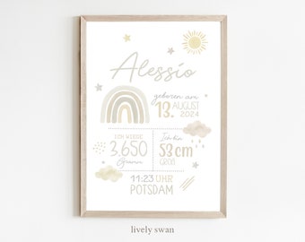 Cadeau de naissance | Affiche de naissance personnalisée avec les détails de la naissance | Affiche bébé arc-en-ciel | Affiche avec prénom | Annonce de naissance pour la chambre du bébé