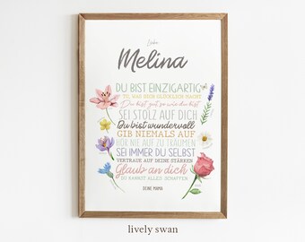 Personalized affirmation poster, flower types poster with sayings, wishes, encouragement, girls #190