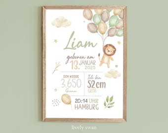 Póster de nacimiento, safari, león, carta natal, póster de fecha de nacimiento, anuncio de nacimiento, regalo de nacimiento personalizado, anuncio de nacimiento animales del bosque