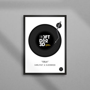 Könnte beinhalten: Schwarz gerahmter Druck mit einem stilisierten Vinyl-Schallplatten-Design. Die Schallplatte trägt den Text "SOFT D02 3D" und den Songtitel "COLA" mit den Künstlernamen. Ein Plattenspielerarm ist über der Schallplatte abgebildet.