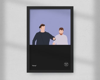 May include: A framed art print featuring a minimalist illustration of two figures. One figure wears headphones and a dark top, the other a white top. The print has a black border, a black lower section, and a light purple background. The word "Bicep" is at the bottom.