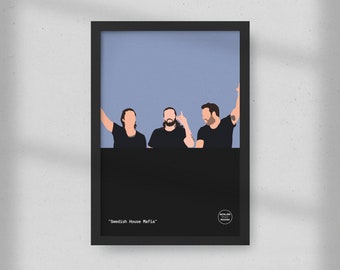 May include: Framed art print featuring a minimalist illustration of three figures in black shirts against a blue backdrop. The print includes the text "Swedish House Mafia" at the bottom, with a logo. The artwork is encased in a black frame.