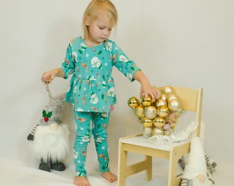 Matching Teal Blue Top, Leggings SET for Christmas, Holiday Jersey outfit for Girl, Gift