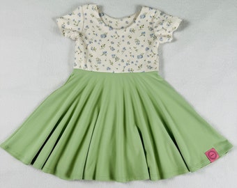 Full Circle Skirt Sunshine Girl Dress, Green Summer Jersey Kids Dress, Children Dress