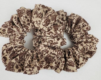 Kids Beige Floral Scrunchies, SET of 2 Large Scrunchies for Girls, Jersey Hair Tie for Toddlers