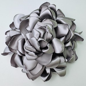 Large Silver Fabric Flower Brooch, Grey Satin Rose Pin, Statement Flower Gift