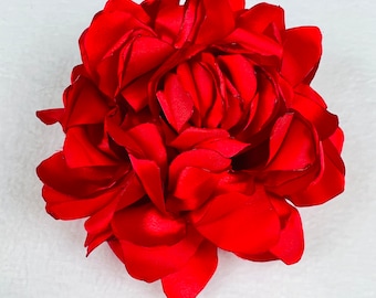 Large Red Fabric Flower Brooch, Satin Pin Rose, Flower Gift