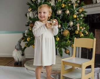 White Knit Twirl Girl Dress, Toddler Christmas/Easter Dress, Winter/ Spring Dress