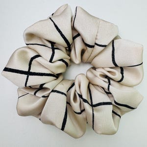Handmade Neutral Satin Scrunchie – Beige Grid Pattern Hair Tie | Minimalist Soft Hair Accessory | Gift for Her