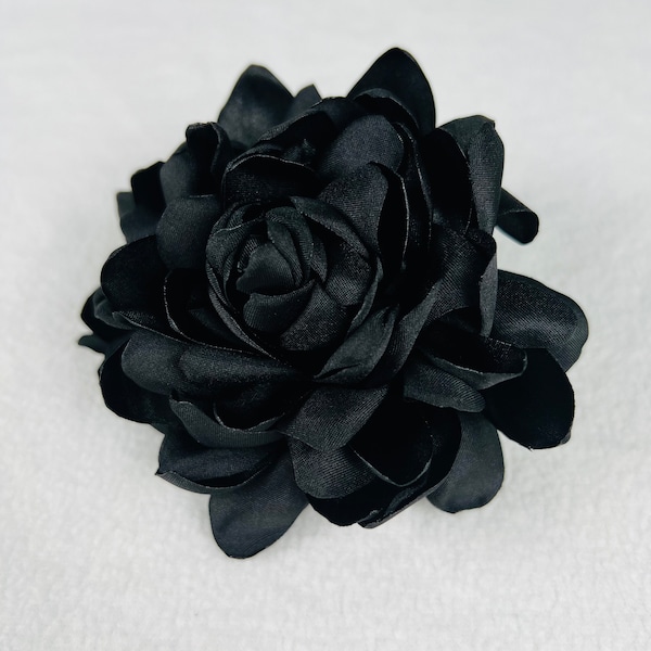 Large Black Fabric Flower Brooch, Satin Pin Rose, Flower Gift