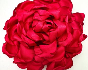 Large Red Fabric Flower Brooch, Satin Rose Pin, Statement Flower Gift