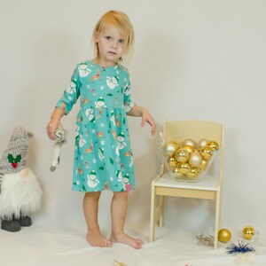 Christmas Snowman Blue Girl Dress, Teal Jersey Dress, Toddler Dress, Winter Dress