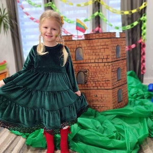 Green Velvet Dress, Girl Holiday Dress, Toddler Christmas/ Birthday dress