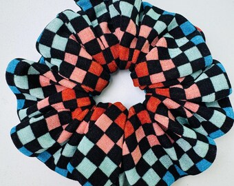 Oversized Colorful Checkered Scrunchie, Multicolor Hair Scrunchie, Trendy Hair Tie