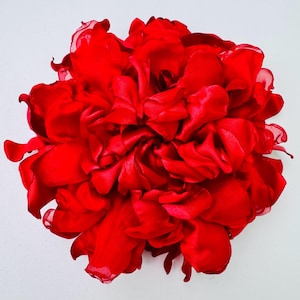 XLarge Red Fabric Flower Brooch, Satin & Chiffon Rose Pin, Statement Flower Gift for Her