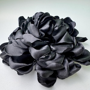 Large Black Flower Brooch, Black Satin Fabric Pin Rose, Handmade Statement Flower Gift