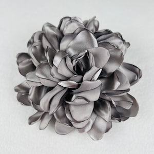 Large Silver Fabric Flower Brooch, Satin Pin Grey Rose, Flower Gift
