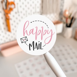 Pegatinas redondas con sellos - Happy Mail - Rosa - Cricut Cameo Avery Print Cut - Descargar PNG