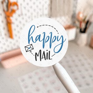 Azul - Happy Mail - Sellos adhesivos redondos - Cricut Cameo Avery Print Cut - Descargar PNG