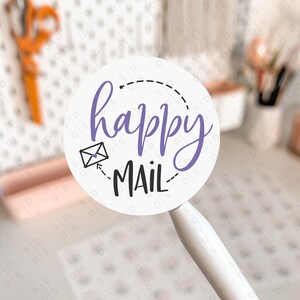 Púrpura - Happy Mail - Sellos adhesivos redondos - Cricut Cameo Avery Print Cut - Descargar PNG