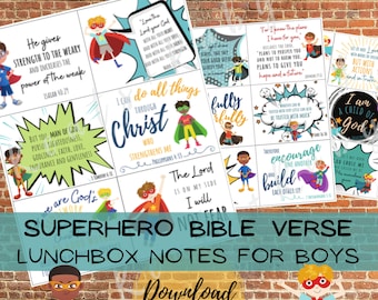 Superhelden Bibel Vers Notizen für Jungen | Lunchbox Notizen, Ermutigungskarten, Schriftkarten für Kinder | Druckbar, INSTANT DOWNLOAD
