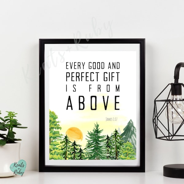 James 1:17 Bible Verse Woodland Art Print, Christian Scripture Wall Art, Baby/Kid's Room, Nursery Wall Decor, Trees and Sunset | DIGITAL