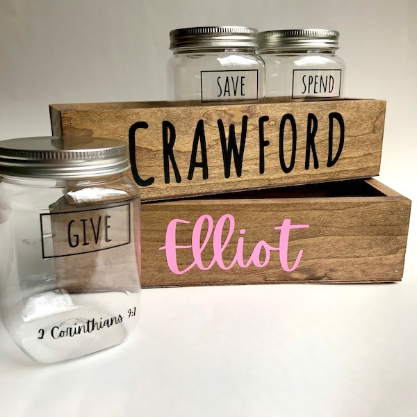 Personalized Give Save Spend Bank with Bible Verses about Money, Piggy Bank Mason Jars with Handmade Wooden Box, Money Management for Kids