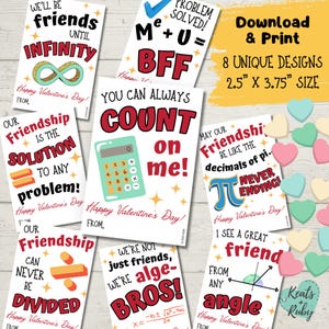 May include: A set of eight Valentine's Day cards with various designs. Each card has a unique message about friendship, measuring 6.35cm x 9.53cm. The cards use math and puns to convey the messages. The color scheme includes red, white, and black.