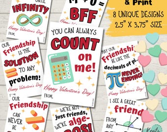 May include: A set of eight Valentine's Day cards with various designs. Each card has a unique message about friendship, measuring 6.35cm x 9.53cm. The cards use math and puns to convey the messages. The color scheme includes red, white, and black.