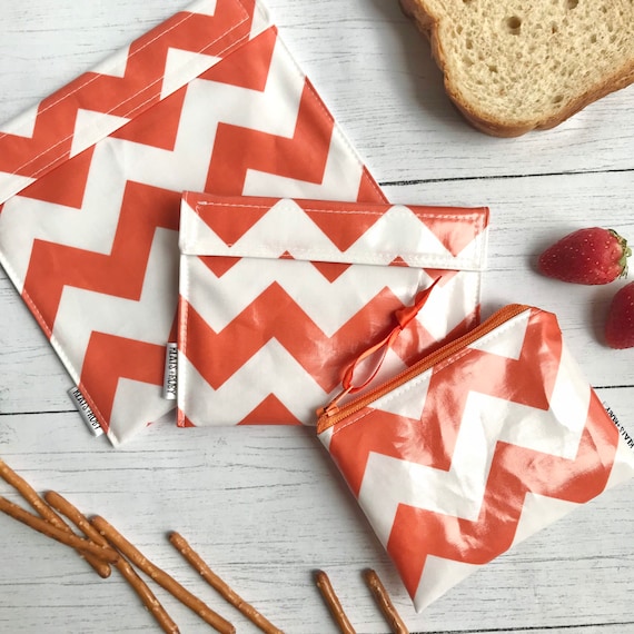 Orange Chevron Reusable Snack Bags, Sandwich Bag, Zipper Bag Waterproof  Food Safe PUL Wipeable, Washable Laminated Cotton Bag BPA Free 