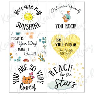 Pode incluir: Seis cart&otilde;es coloridos com mensagens positivas. Os cart&otilde;es apresentam ilustra&ccedil;&otilde;es de um sol, uma guitarra, um cora&ccedil;&atilde;o, um gato e estrelas. O texto nos cart&otilde;es inclui "You are my sunshine", "Believe in yourself, You rock!", "Be you-nique", "You are so very loved", e "Reach for the stars".