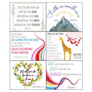 May include: Four colorful square cards with inspirational bible verses and quotes. The cards feature a rainbow design, a giraffe, a heart with flowers, and a mountain. The text on the cards includes "Love the Lord your God", "God works for the good", "Faith as small as a mustard seed", "Fruits of the Spirit", "Let all you do be done in love", "Ask, Seek, Knock", and "Called according to his purpose".