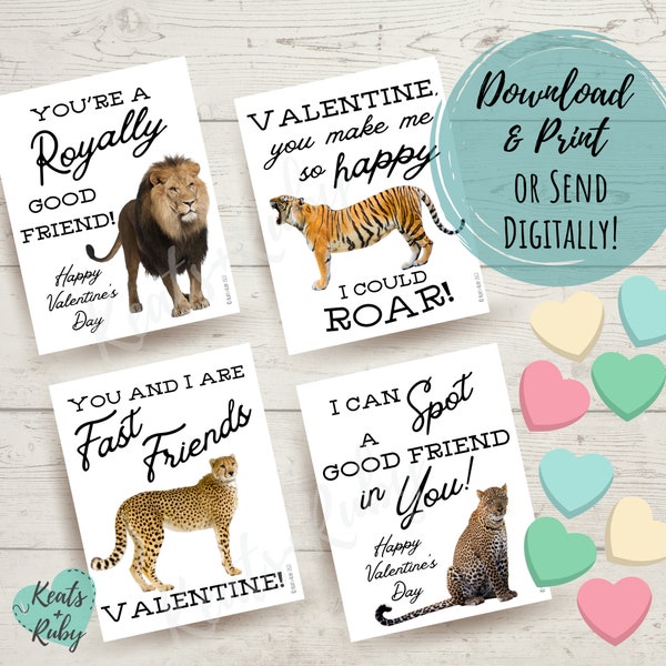 Big Cat Valentine's Day Cards for Kids | Lion, Tiger, Cheetah, Leopard Valentines - Printable/Virtual Valentine - DIGITAL DOWNLOAD