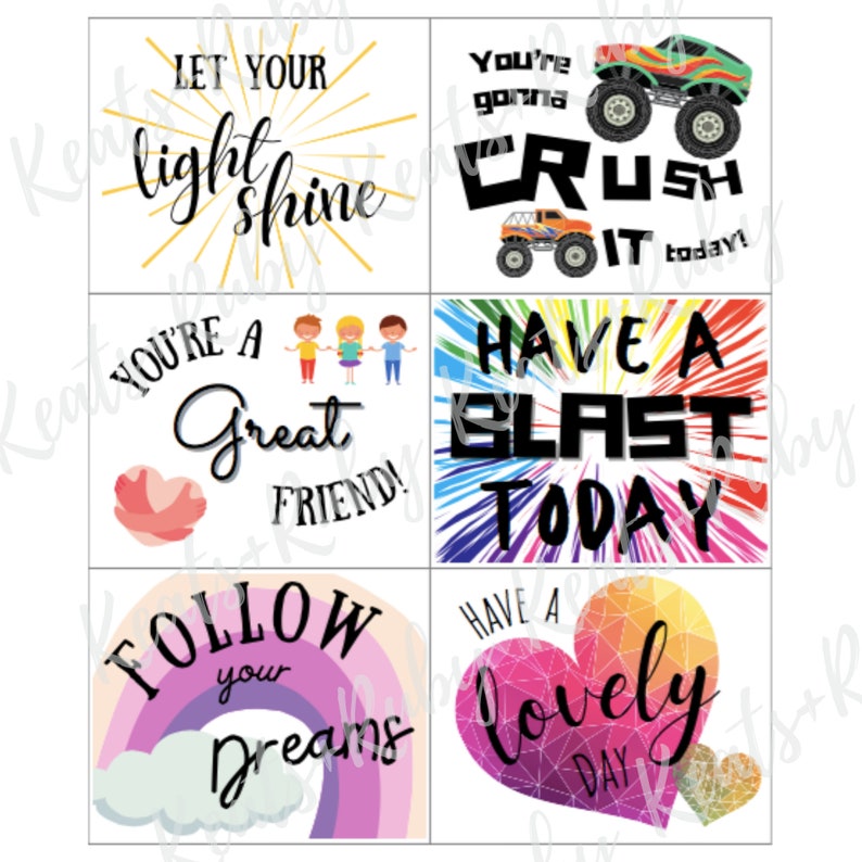 Pode incluir: Conjunto de seis cart&otilde;es imprim&iacute;veis coloridos com mensagens positivas. Os cart&otilde;es apresentam um arco-&iacute;ris, um cora&ccedil;&atilde;o, um caminh&atilde;o monstro e um grupo de crian&ccedil;as. O texto nos cart&otilde;es inclui "Deixe sua luz brilhar", "Voc&ecirc; vai esmagar hoje!", "Voc&ecirc; &eacute; um &oacute;timo amigo!", "Tenha um &oacute;timo dia!", "Siga seus sonhos", e "Tenha um dia ador&aacute;vel".