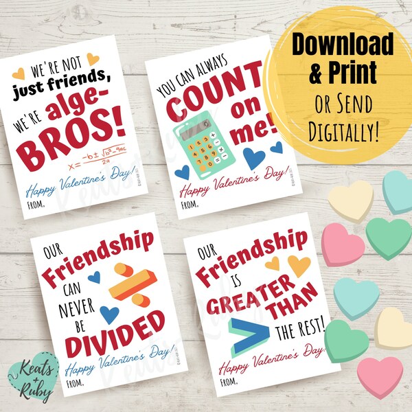 Math Puns Valentine's Day Cards for Kids | Alge-Bros, Greater Than, Math Problems - Printable/Virtual Valentine - DIGITAL DOWNLOAD