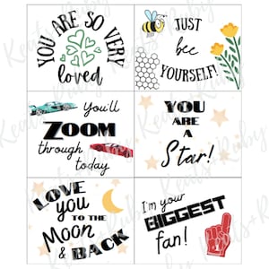 Pode incluir: Um conjunto de seis cart&otilde;es imprim&iacute;veis com afirma&ccedil;&otilde;es positivas. Os cart&otilde;es apresentam ilustra&ccedil;&otilde;es coloridas e texto como "Voc&ecirc; &eacute; t&atilde;o amado", "Voc&ecirc; vai voar hoje", "Amo voc&ecirc; at&eacute; a lua e de volta", "Seja voc&ecirc; mesmo", "Voc&ecirc; &eacute; uma estrela", e "Eu sou seu maior f&atilde;!"