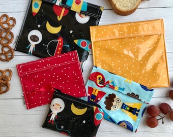Reusable Snack Bag, Sandwich Bag, Zipper Bag | Waterproof Food Safe PUL Lining | Wipeable, Washable Laminated Cotton Bag | Space, Superhero