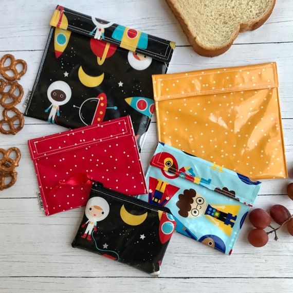 Reusable Snack Bag, Sandwich Bag, Zipper Bag Waterproof Food Safe PUL  Lining Wipeable, Washable Laminated Cotton Bag Space, Superhero 