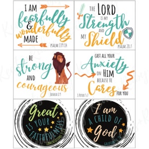 May include: Four colorful square cards with inspirational quotes and bible verses. The cards feature a lion, a sword, a shield, and a swirl design. The text on the cards includes "I am fearfully and wonderfully made", "The Lord is my strength and my shield", "Be strong and courageous", "Cast all your anxiety on Him because He cares for you", "Great is your faithfulness", and "I am a child of God".