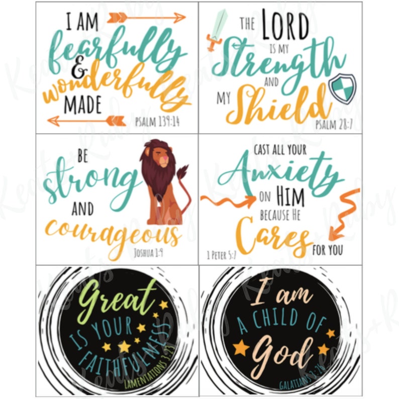 May include: Four colorful square cards with inspirational quotes and bible verses. The cards feature a lion, a sword, a shield, and a swirl design. The text on the cards includes "I am fearfully and wonderfully made", "The Lord is my strength and my shield", "Be strong and courageous", "Cast all your anxiety on Him because He cares for you", "Great is your faithfulness", and "I am a child of God".