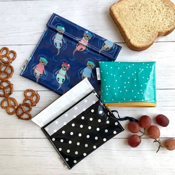 Reusable Snack Bags, Sandwich Bags, Zipper Bags | Waterproof Food Safe PUL Lining | Wipeable, Washable Laminated Cotton Bag | BPA Free