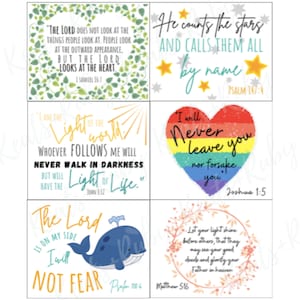 May include: A set of four colorful inspirational quote cards with bible verses. The cards feature a variety of illustrations, including a heart, a whale, and stars. The text on the cards includes verses from 1 Samuel 16:7, Psalm 147:4, John 1:12, Joshua 1:5, Psalm 118:6, and Matthew 5:16.