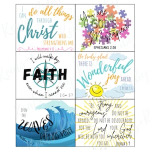 May include: Four colorful square cards with inspirational quotes and bible verses. The first card is yellow and orange and says "I can do all things through Christ who strengthens me - Philippians 4:13". The second card is pink and red and says "You are God's Masterpiece - Ephesians 2:10". The third card is blue and green and says "I will walk by faith even when I cannot see - 2 Cor 5:7". The fourth card is blue and yellow and says "Be truly glad. There is wonderful joy ahead. - 1 Peter 1:6".